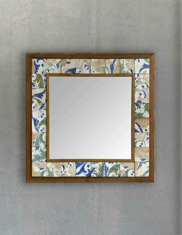 Настенное зеркало 43x43 с каменной мозаикой сине-бежевого цвета