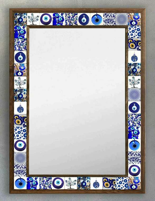 Настенное зеркало с каменной мозаикой 53x73 бело-синего цвета 