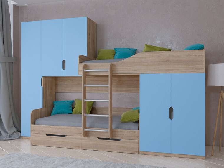 Двухъярусная кровать Лео 80х190 цвета Дуб Сонома-голубой