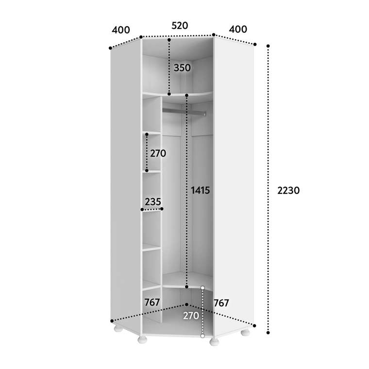 Угловой шкаф с зеркалом Ассоль белого цвета правый