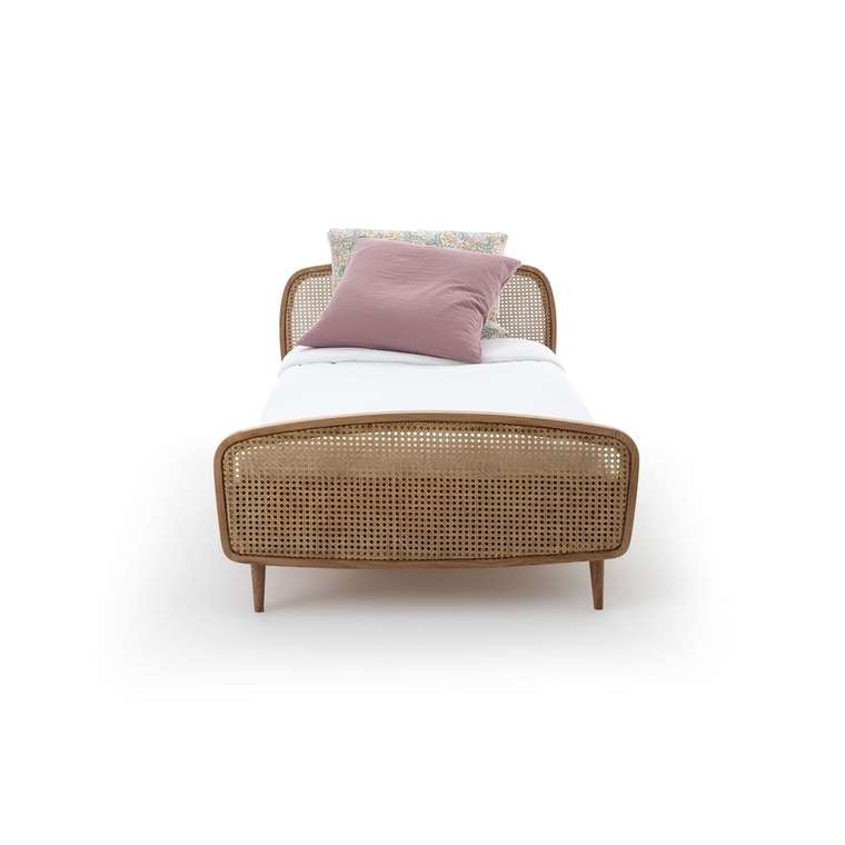 Кровать детская из дуба и плетеного ротанга с основанием Buisseau 90x190 бежевого цвета