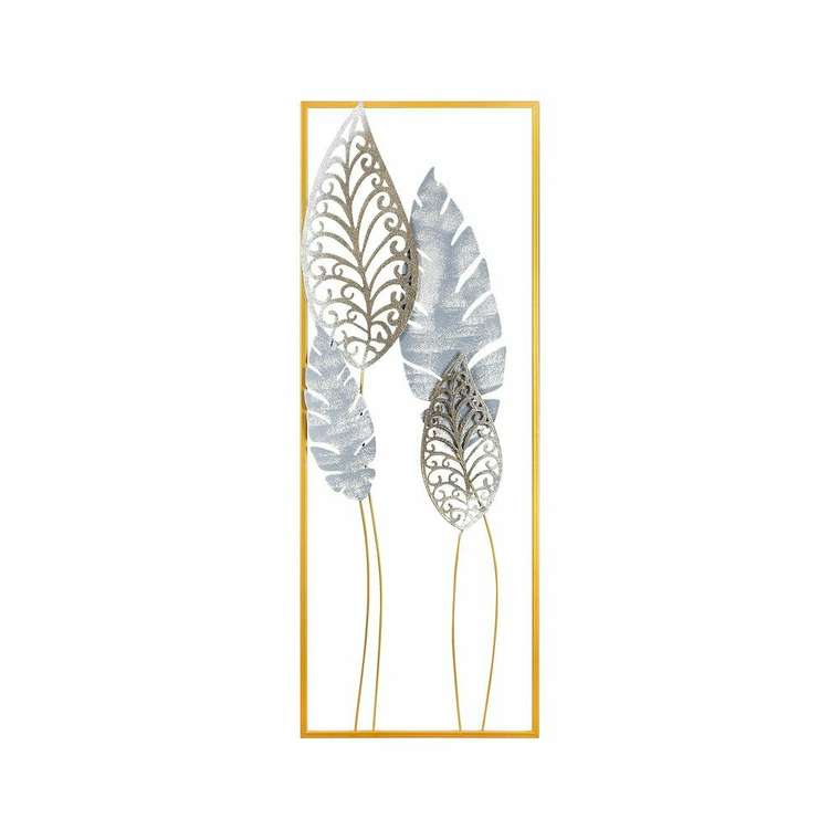Настенный декор ручной работы Листья 32х90 из металла серо-золотого цвета