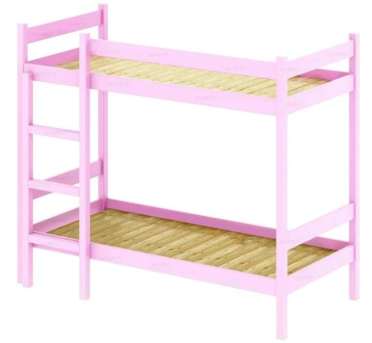 Кровать двухъярусная сосновая со сплошным основанием 80х200 розового цвета