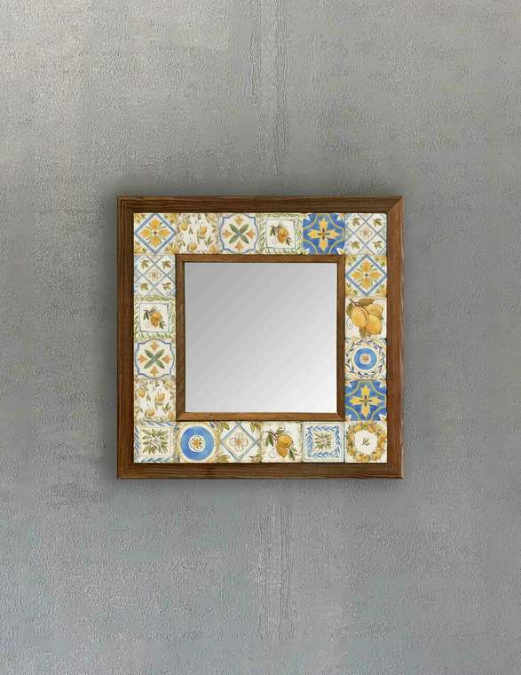 Настенное зеркало с каменной мозаикой 33x33 желто-синего цвета 