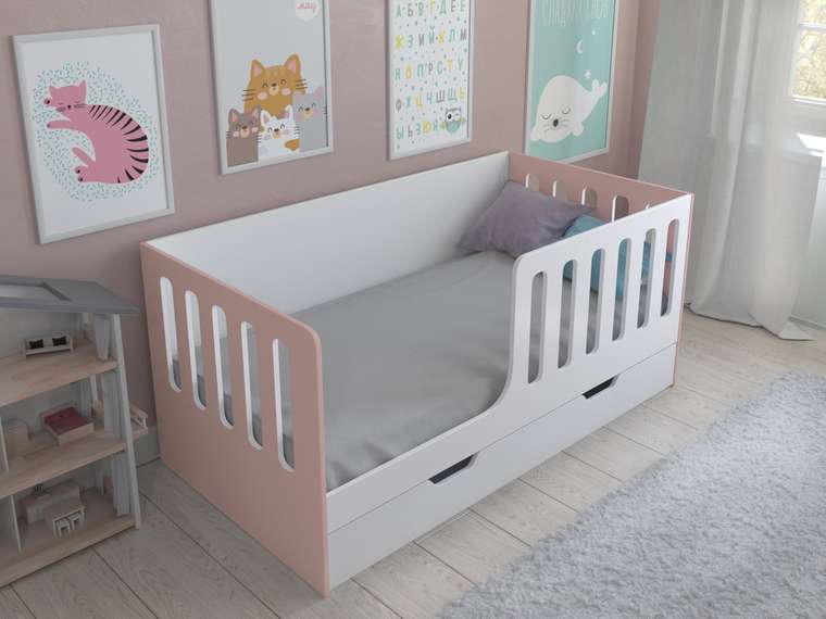 Кроватка Астра 12 80x160 бело-розового цвета с выдвижным ящиком 