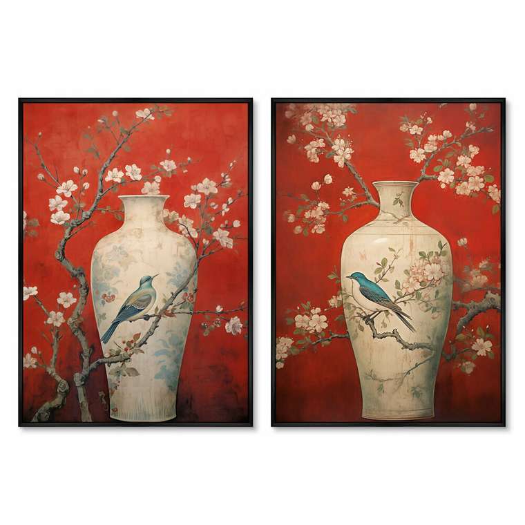 Набор из двух репродукций картин China porcelain vase, red palette, 2024г.
