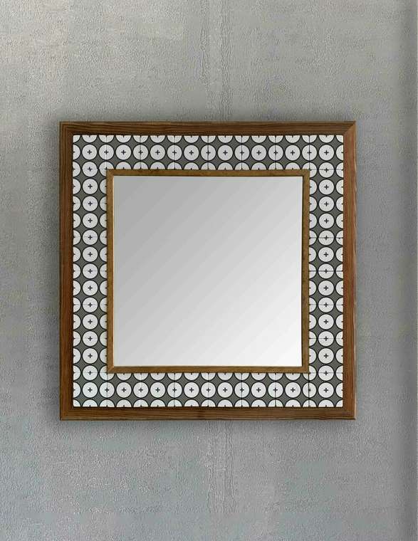 Настенное зеркало 43x43 с каменной мозаикой серо-белого цвета