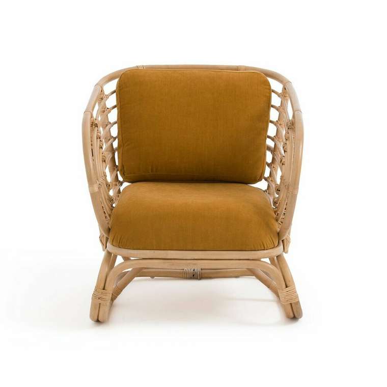 Кресло из стеблей ротанга и велюра Dhony желтого цвета