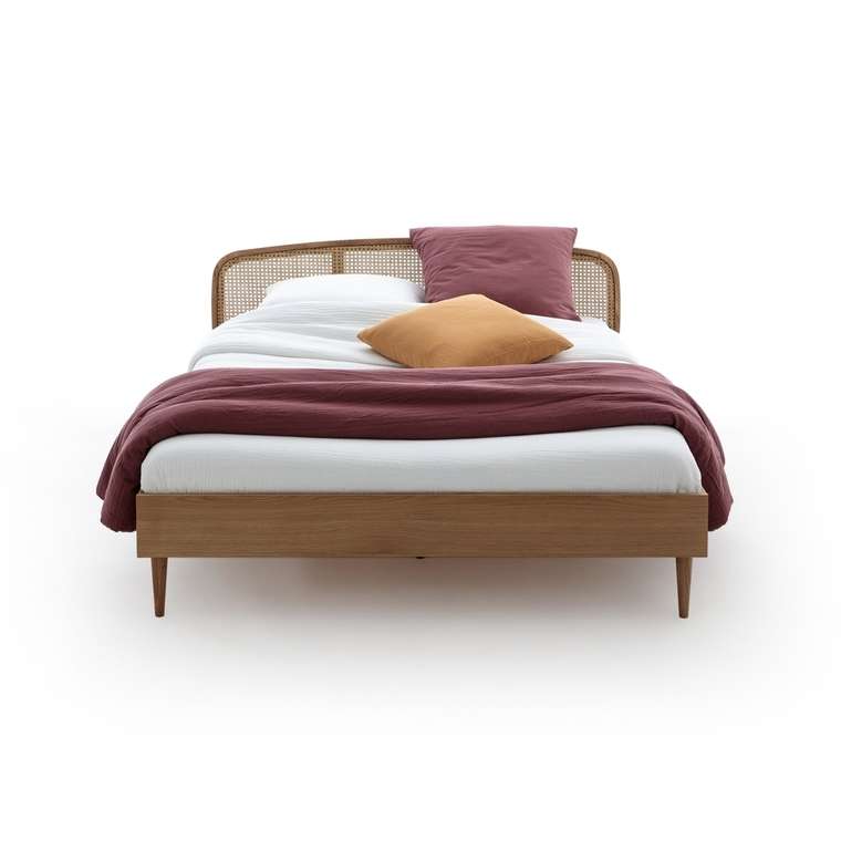 Кровать из дуба и плетеного материала с реечным основанием Buisseau 160x200 бежевого цвета