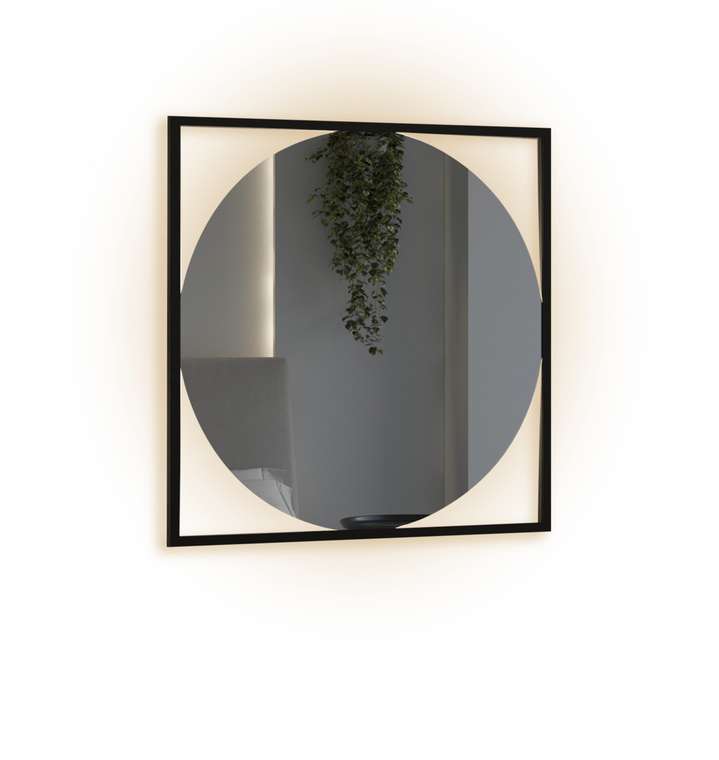Парящее настенное зеркало Cube 80х80 с подсветкой в алюминиевой раме черного цвета 