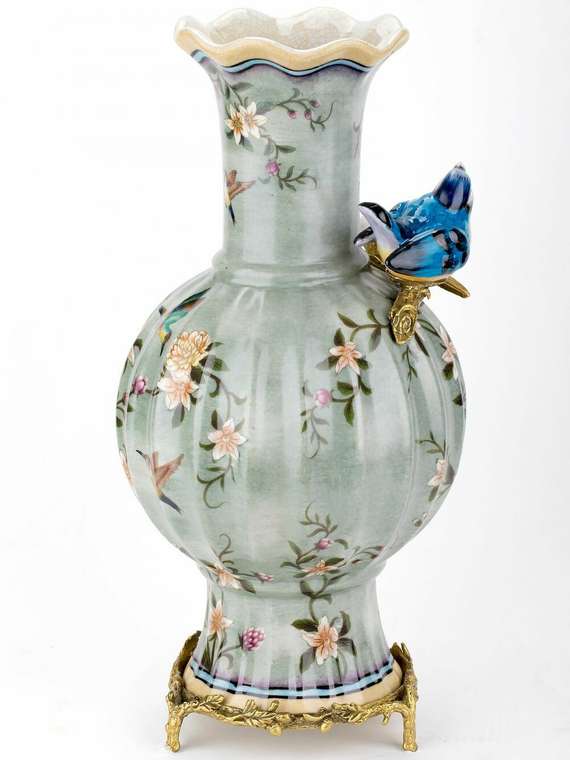 Фарфоровая ваза с птичкой зелено-голубого цвета