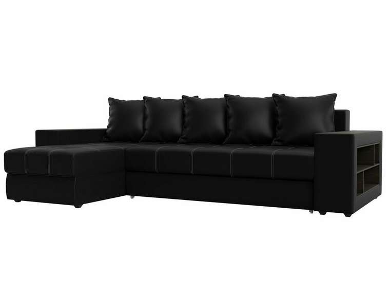 Угловой диван-кровать Дубай черного цвета (экокожа) левый угол