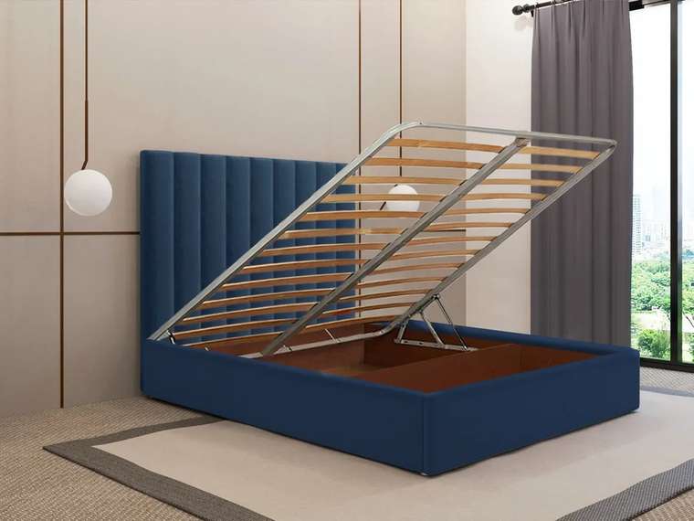 Кровать Параллель 160х200 тёмно-синего цвета с подъемным механизмом
