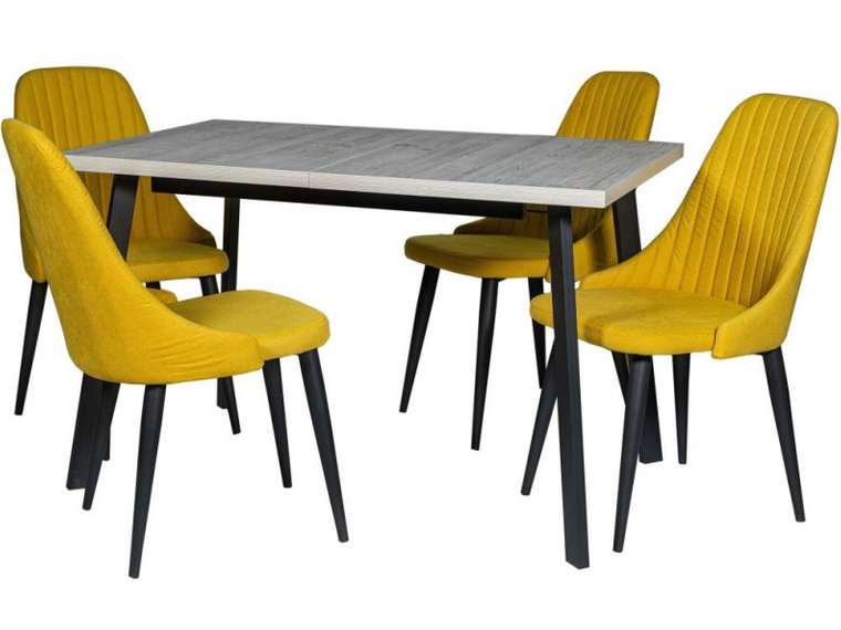 Обеденная группа из стола и четырех стульев желто-серого цвета