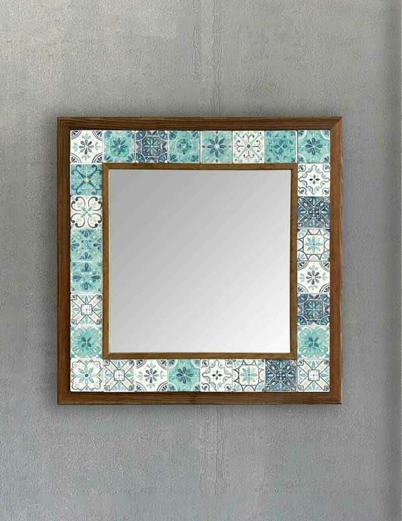 Настенное зеркало 43x43 с каменной мозаикой бело-бирюзового цвета