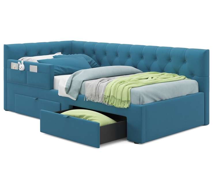 Кровать Afelia 90х200 синего цвета с двумя ящиками и бортиком