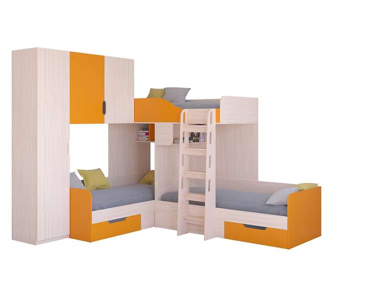 Двухъярусная кровать Трио 1 80х190 цвета Дуб молочный-оранжевый