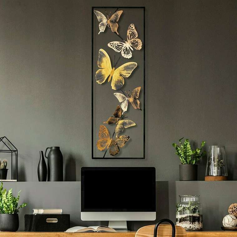 Настенный декор ручной работы Бабочки 32х90 из металла черно-желтого цвета
