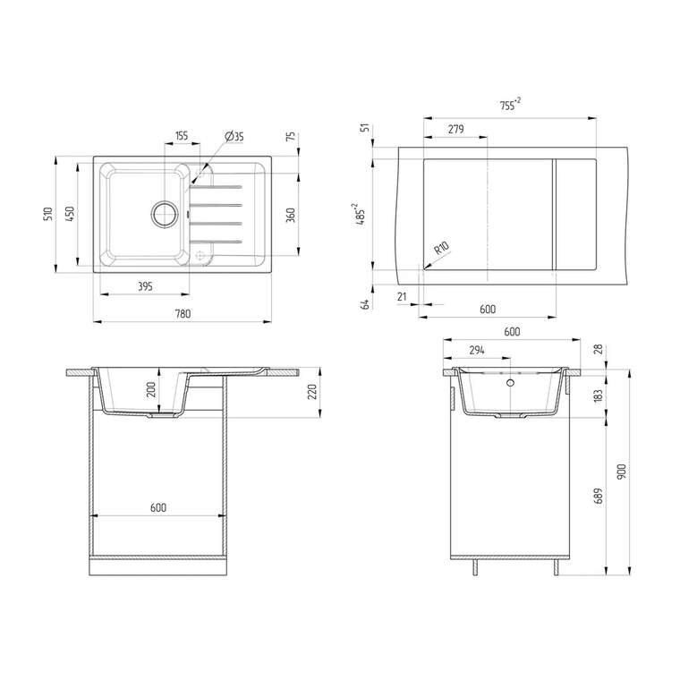 Кухонная мойка Ulgran Quartz Gerda 780-08, космос