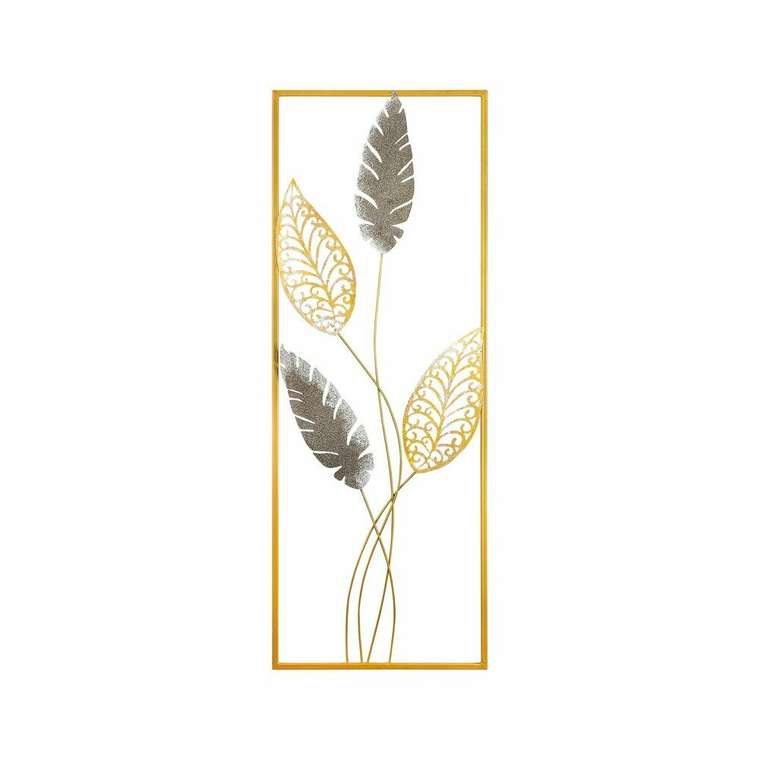 Настенный декор ручной работы Листья 32х90 из металла серо-золотого цвета