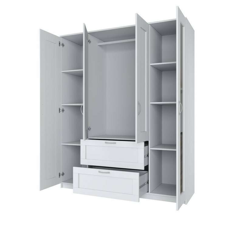 Шкаф четырехдверный с выдвижным ящиком и двумя зеркалами Сириус белого цвета
