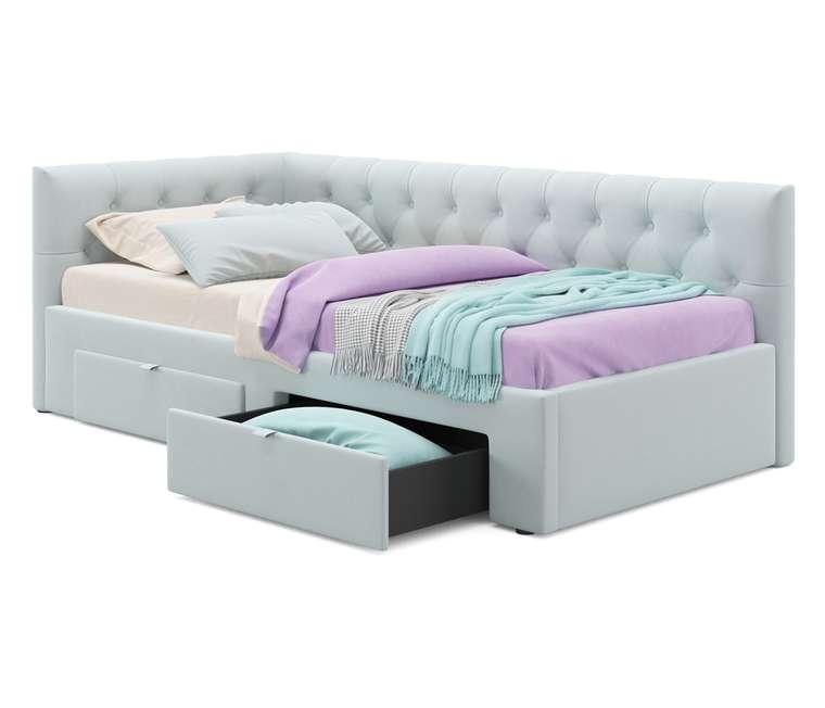 Кровать Afelia 90х200 мятного цвета с двумя ящиками и ортопедическим основанием 