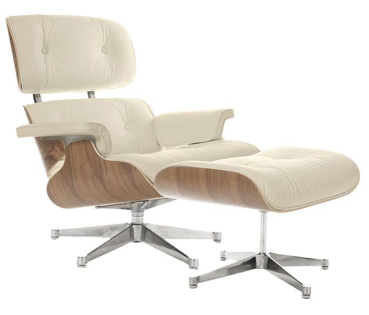 Кресло Eames Style Lounge Chair  Ottoman кремовая кожа/орех