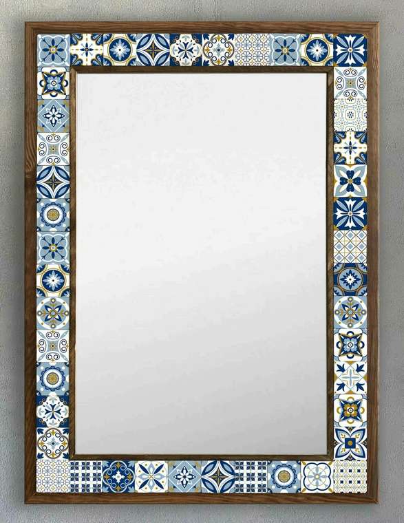 Настенное зеркало 53x73 с каменной мозаикой сине-белого цвета