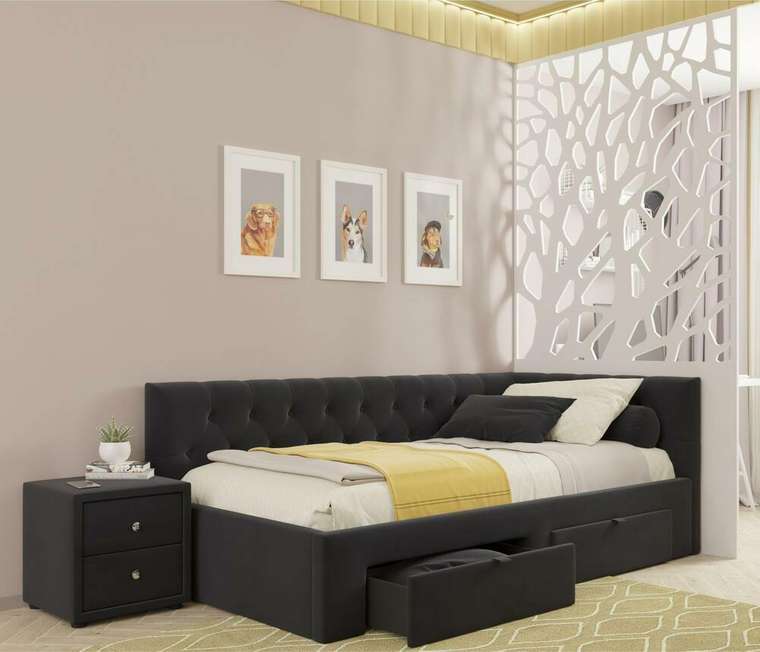 Кровать Afelia 90х200 черного цвета с двумя ящиками и ортопедическим основанием