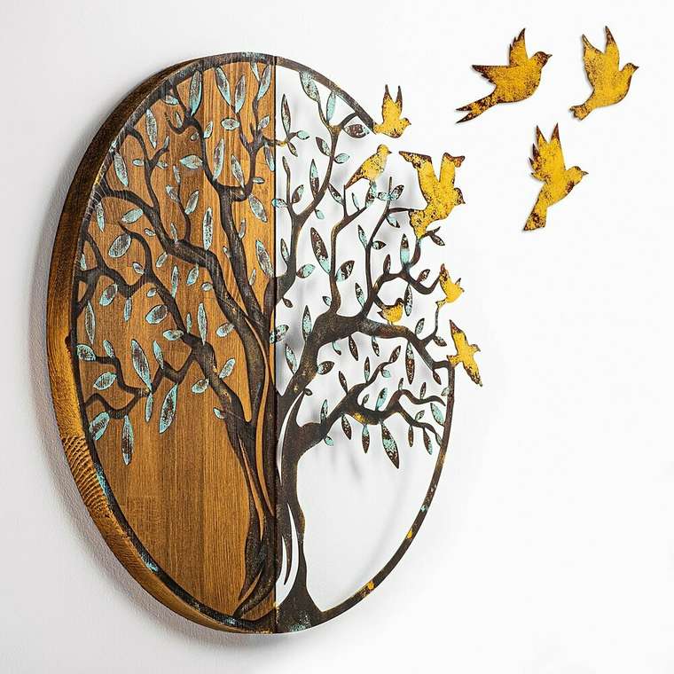 Настенный декор Дерево с птичками 92x71 из металла и дерева