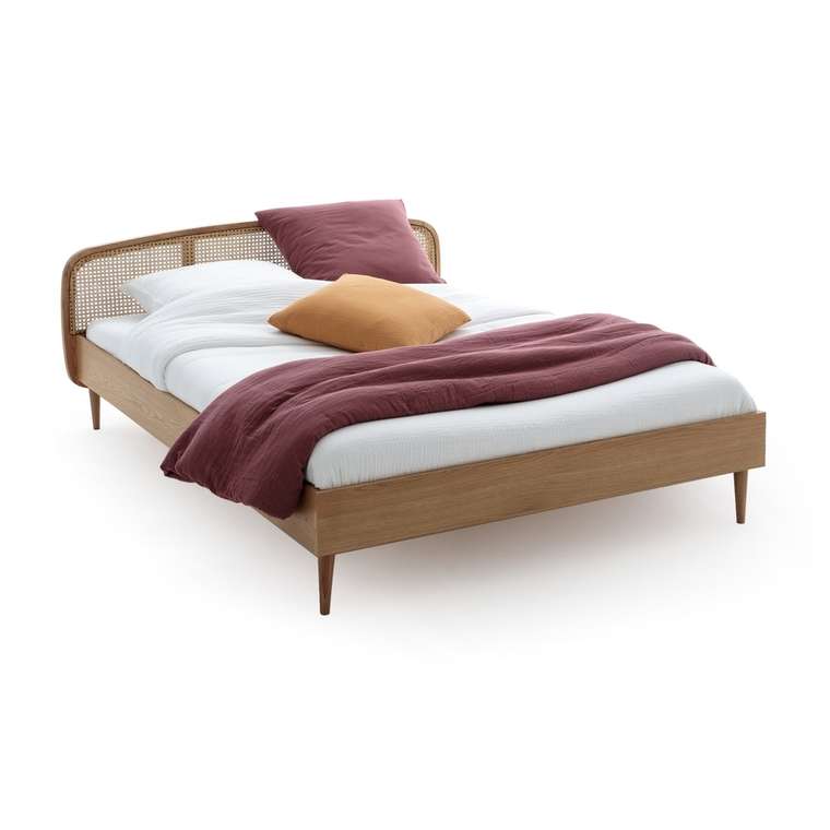 Кровать из дуба и плетеного материала с реечным основанием Buisseau 160x200 бежевого цвета
