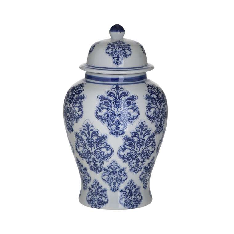 Керамическая ваза бело-синего цвета с крышкой