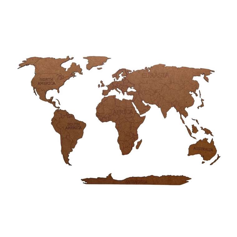 Деревянная карта мира Continent Еdition с гравировкой материков коричневого цвета
