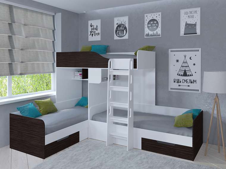 Двухъярусная кровать Трио 80х190 цвета белый-Венге