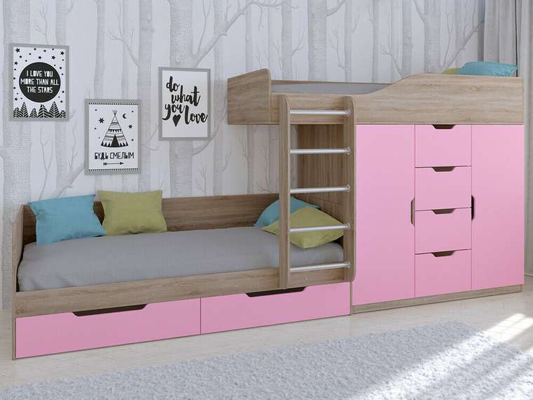 Двухъярусная кровать Астра 6 80х190 цвета Дуб Сонома-розовый