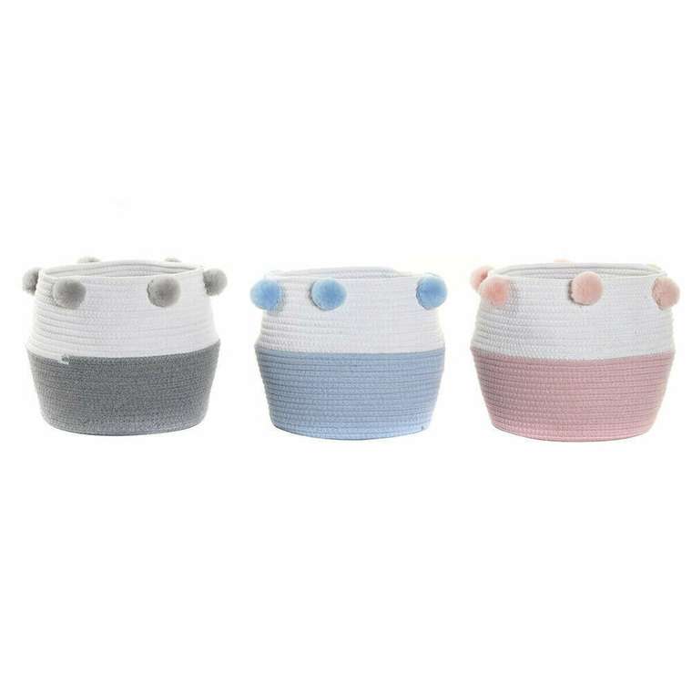 Корзина DKD Home Decor Серый Небесный синий Светло Pозовый Помпоны 30 x 30 x 26 cm Деревянный (3 штук)