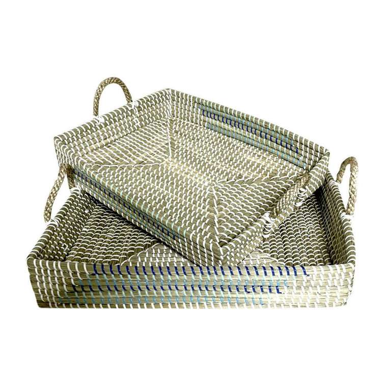 Набор подносов Корзина Белый бирюзовый Натуральный Тропический 48 x 38 x 15 cm Металл (2 штук)