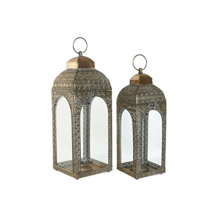 Фонарь Home ESPRIT Позолоченный Металл Стеклянный Араб Маринованный 20 X 20 X 56 cm (2 Предметы)