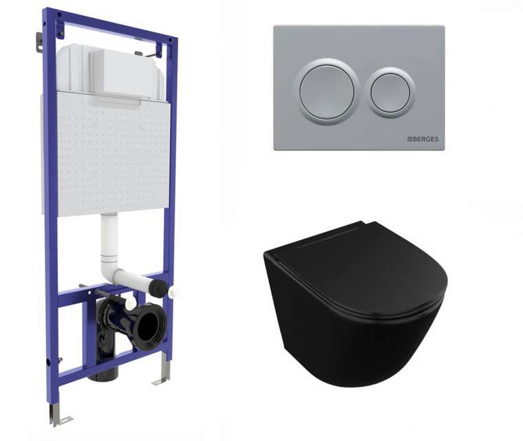 Комплект 3 в 1 инсталляция Berges Novum O2 + Унитаз подвесной Owl 1975 Vind Cirkel-H Matt Black OWLT190305 черный с кнопкой матовой хром