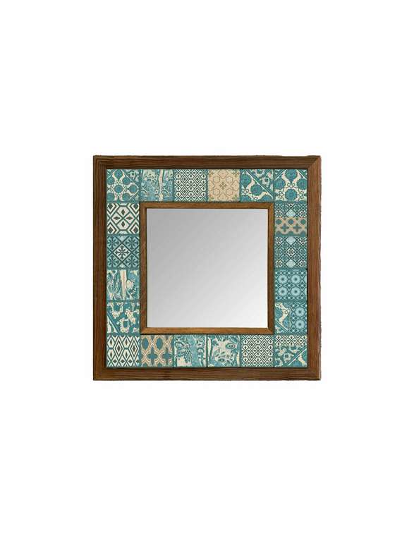 Настенное зеркало 33х33 с каменной мозаикой бирюзово-бежевого цвета