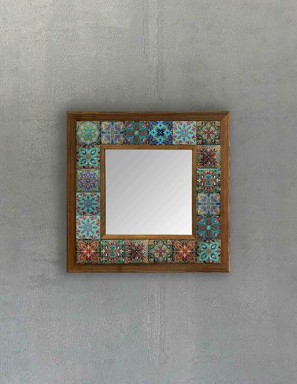 Настенное зеркало 33x33 с каменной мозаикой бирюзово-голубого цвета