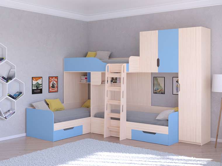 Двухъярусная кровать Трио 2 80х190 цвета Дуб молочный-голубой