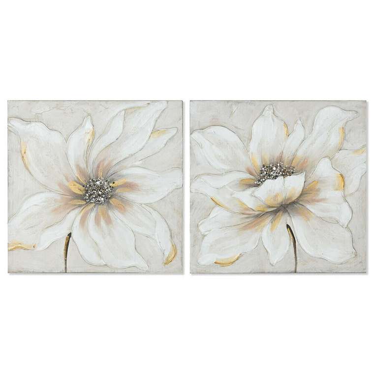 Картина Белый Бежевый Полотно Деревянный MDF Цветок романтик 50 x 2,5 x 50 cm (2 штук)