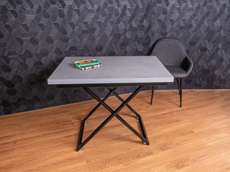 Стол трансформер Compact из керамогранита цвета гриджио на черных опорах