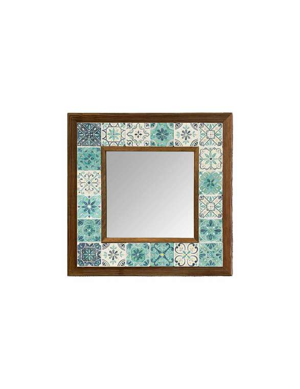Настенное зеркало 33х33 с каменной мозаикой бело-бирюзового цвета