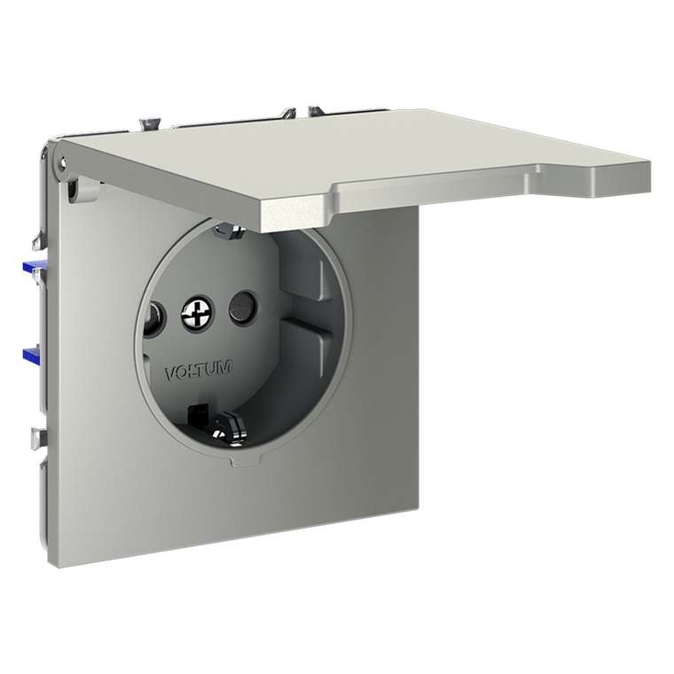 Розетка встраиваемая VOLTUM S70 с заземлением, защитными шторками и крышкой 16А, (сталь)