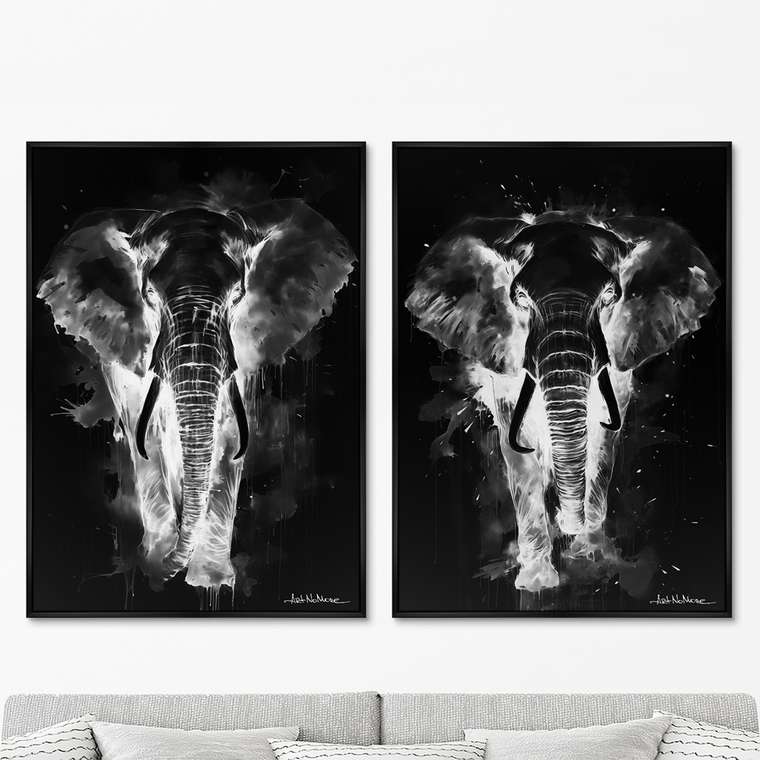 Набор из 2-х репродукций картин на холсте Walking elephants, in the dark, 2024г.