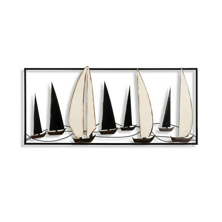 Настенный декор ручной работы Корабли 40х91 из металла бело-черного цвета