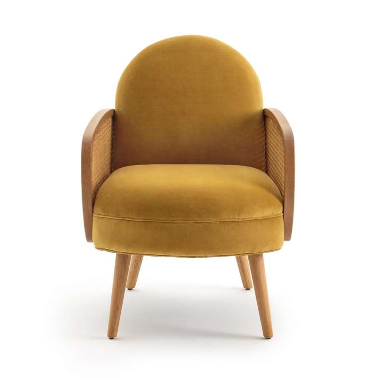 Кресло из велюра и плетеной отделкой Buisseau желтого цвета