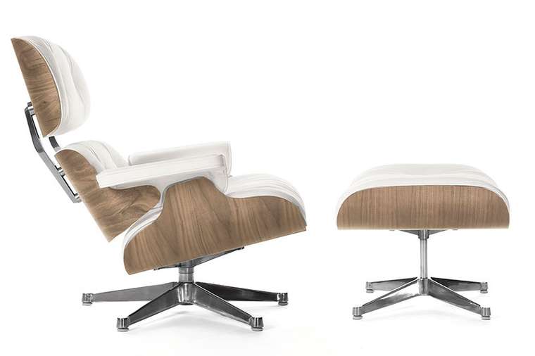Кресло Eames Style Lounge Chair  Ottoman белая кожа/орех 